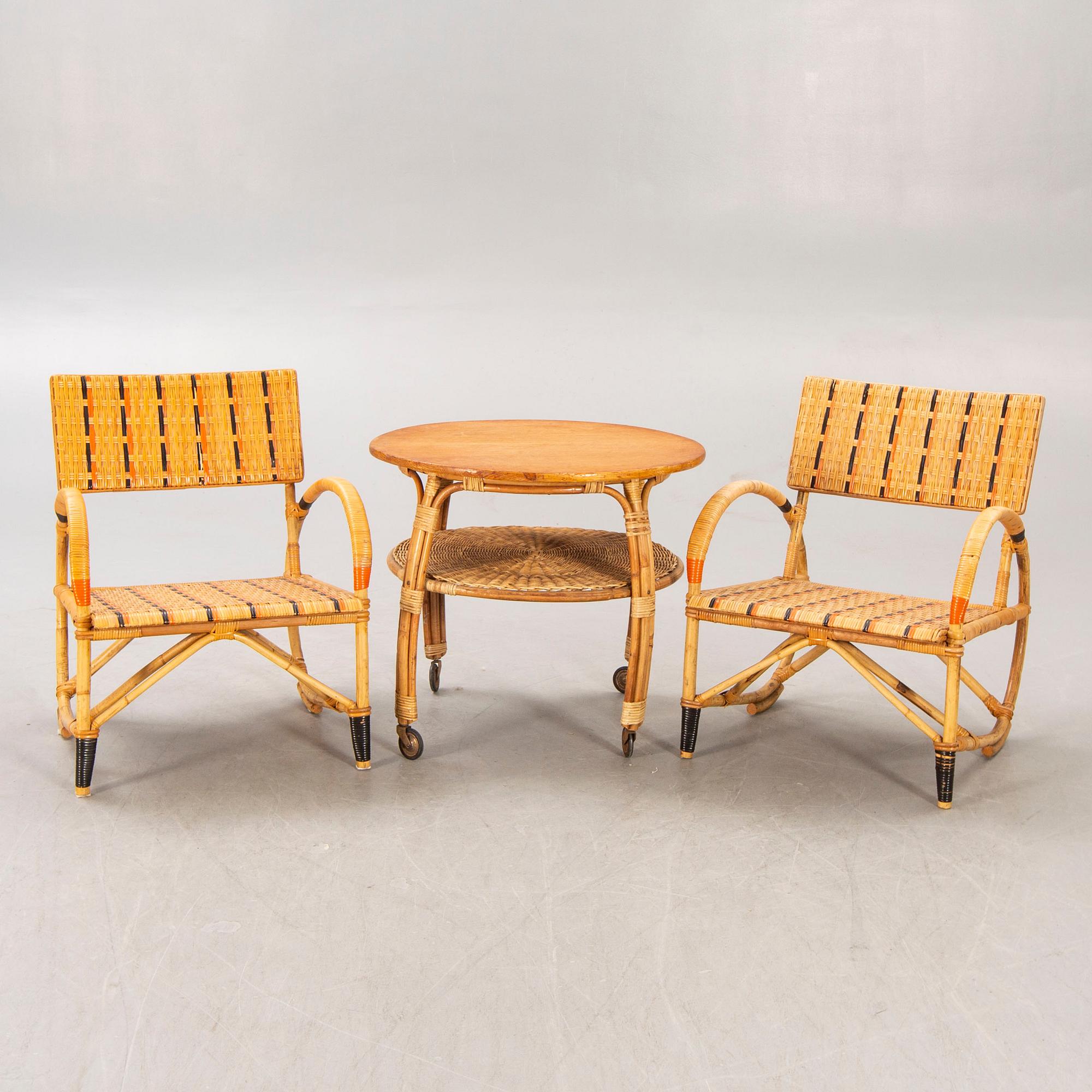 Armchairs a pair and table, 1930s-40s.