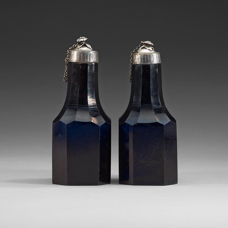 A pair of Russian blue glass and silver cruet, silver marked Johan Henrik Blom, S:t Petersburg 1766-1805.