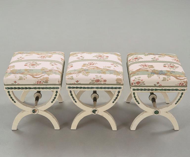 Three painted late gustavian stools c. year 1800.