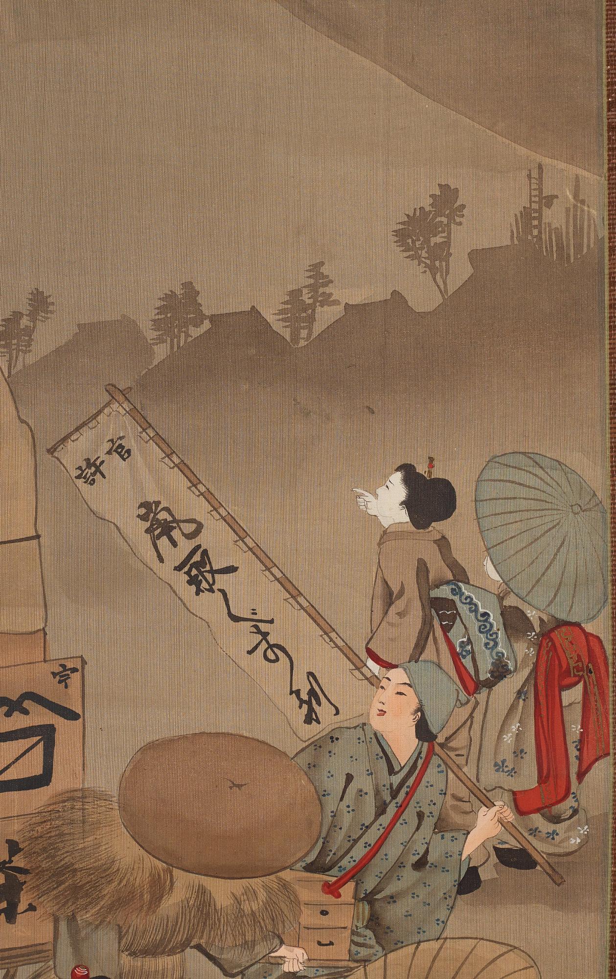 RULLMÅLNINGAR, sex stycken, tusch och färg på papper. Japan, Meiji (1868-1912).