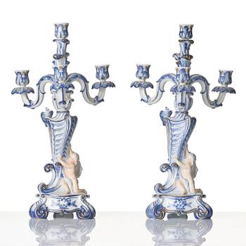 A pair of Royal Copenhagen 'Blå blomst' four-light candelabras, Denmark, 1900-tal.