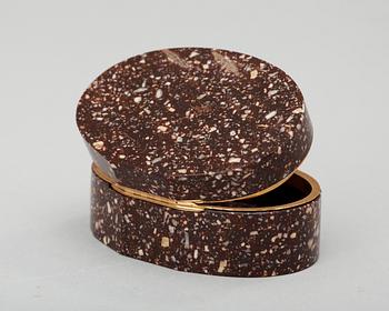 A porphyry and gold 18K snuff-box, makers mark of Johan Erik Sundström 1833 Stockholm.