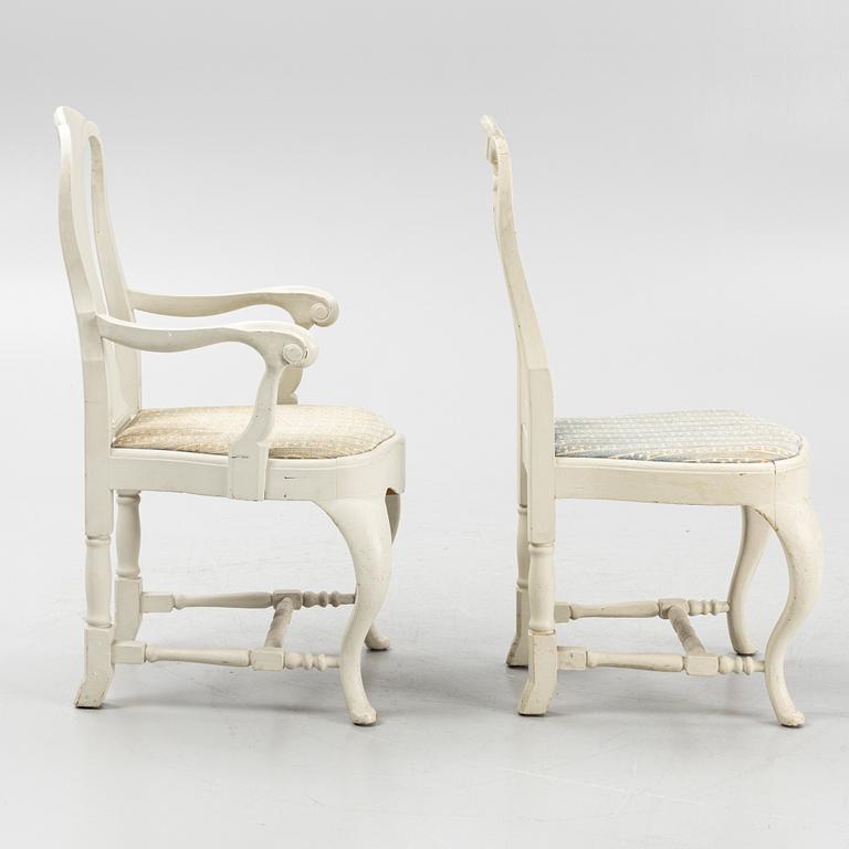 Armchairs, a pair, and chairs, 8 pieces, Rococo style, early 20th century.