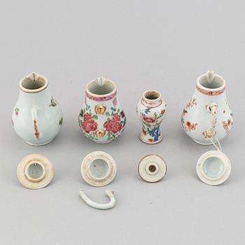 Three famille rose jugs with covers and a vase, Qing dynasty, Qianlong (1736-95).