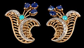 886. A pair of blue sapphire, turquise and diamond earrings, 1950's.