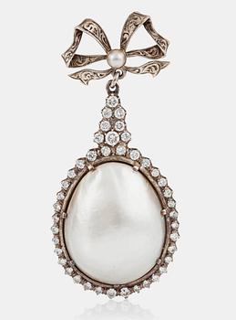 1158. A large natural saltwater blister pearl and brilliant-cut diamond brooch. Diamond weight circa 1.50 cts in total.