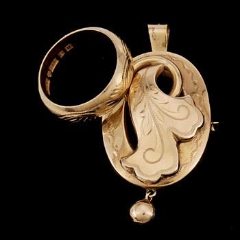BROSCH SAMT RING, guld 18 resp 23K. Hugo Grun & Co, Stockholm 1947 resp K.G. Markström, Uppsala 1897. Tot ca 15 gram.