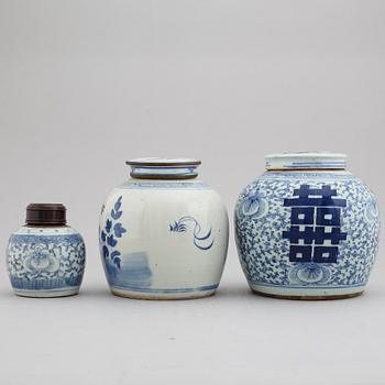 A set of three odd blue and white jars, late Qing dynasty, 19th Century.