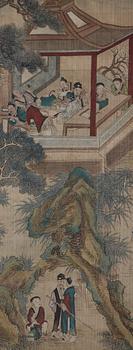 A hanging scroll of studying scholars in a garden, "Xueshi tu", late Qing dynasty (1664-1912).