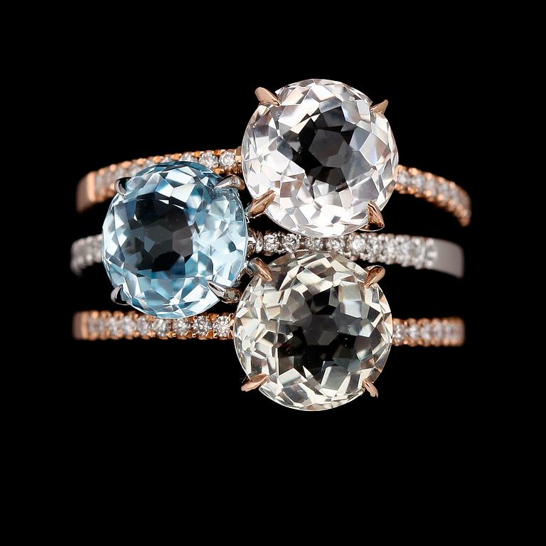 RINGAR, 3 st, 18K rosé/vitguld, vit topas ca 2.70 ct, blå topas ca 2.70 ct, grön ametist ca 2.00 ct.