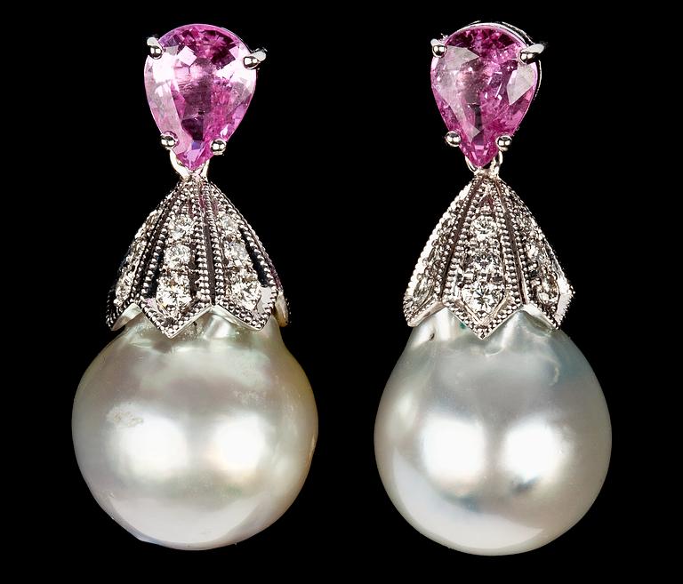 A pair of pink sapphire, diamond and cultured South sea pearl earrings.