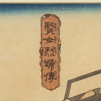 Utagawa Kuniyoshi, färgträsnitt, 3 st, Japan, 1800-talets mitt.
