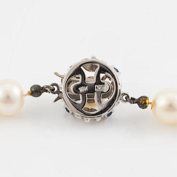 Pärlcollier, med odlade pärlor, med lås 18K vitguld med safirer.