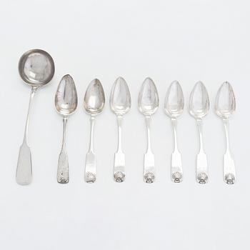 A silver soup ladle and seven dinner spoons, silver, 1855-89, Moscow, Kokkola, Helsinki, and Tampere.