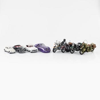 Four die cast model cars and four die cast model motor bikes, Franklin Mint.
