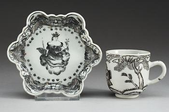 A Grisaille 'European subject' cup and dish, Qing dynasty, Qianlong (1736-95).