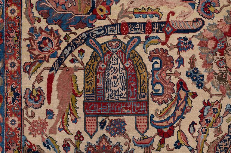 A CARPET, a semi-antique Tabriz figural, ca 363-366 x 252-258 cm.