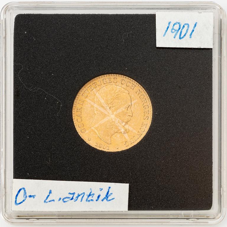 Guldmynt, Oscar II, 10 kronor, typ III, Sverige 1901.