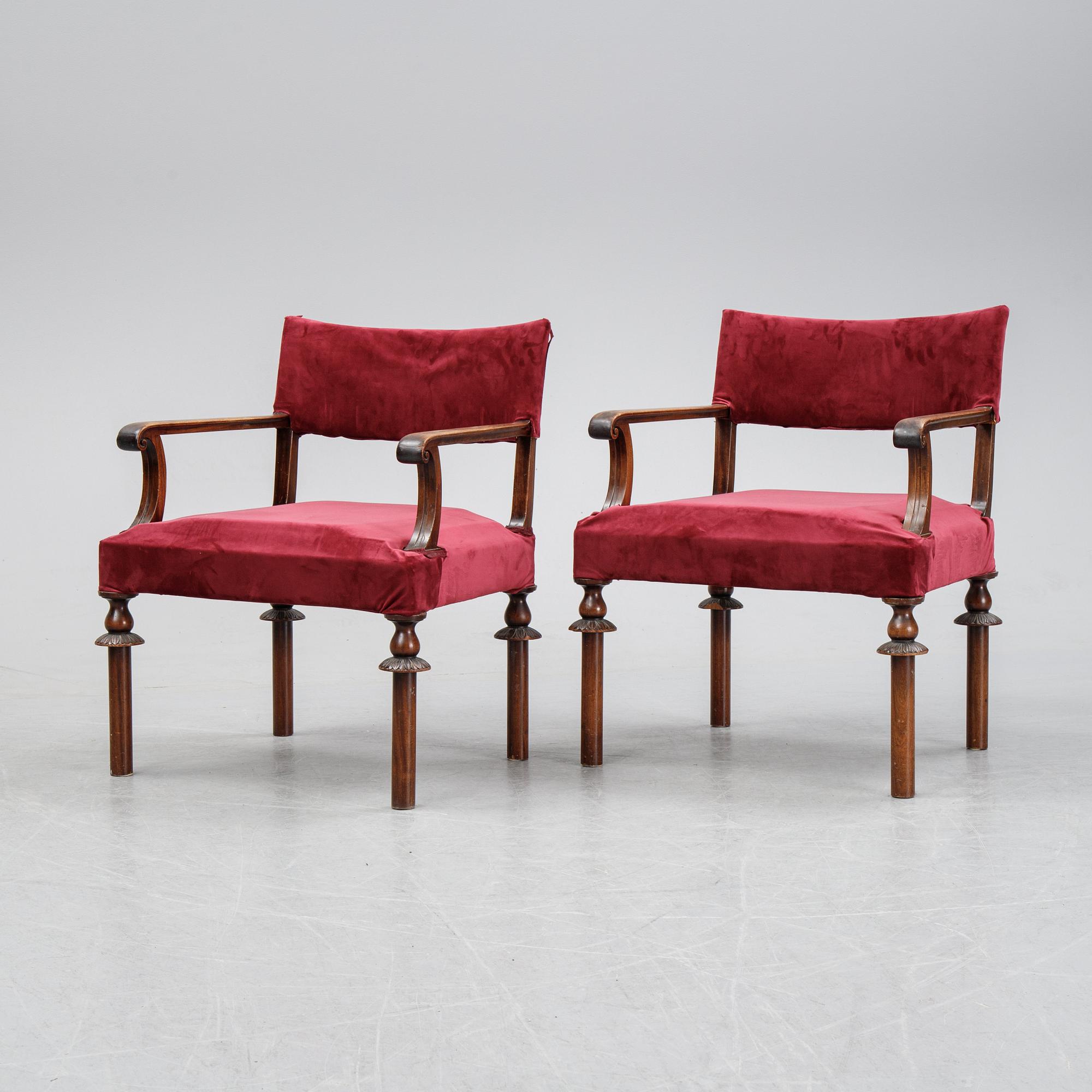 A pair of Swedish Grace 1920's armchairs.