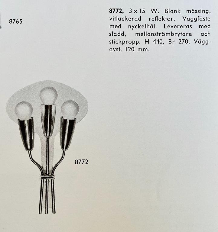 Harald Notini, vägglampor, 1 par, modell "8772/3", Arvid  Böhlmarks Lampfabrik, 1950-tal.