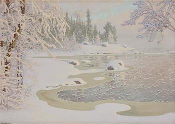 648. Gustaf Fjaestad, Rime frost over frozen lake in sunlit landscape.
