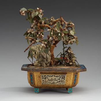 A cloisonné, nephrite, crystal and coral potted garden, Qing dynasty.