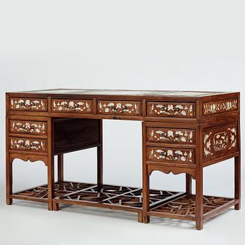 A Chinese writng desk with stone placques and mother of pearl inlay, late Qing dynasty.