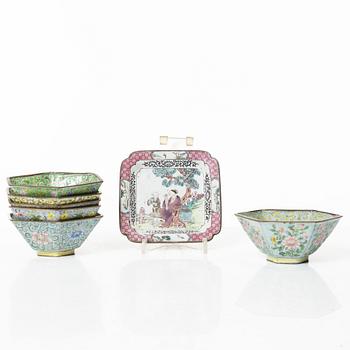 A set of six Chinese enamel on copper bowls and a dish, Qing dynasty and 20th century.