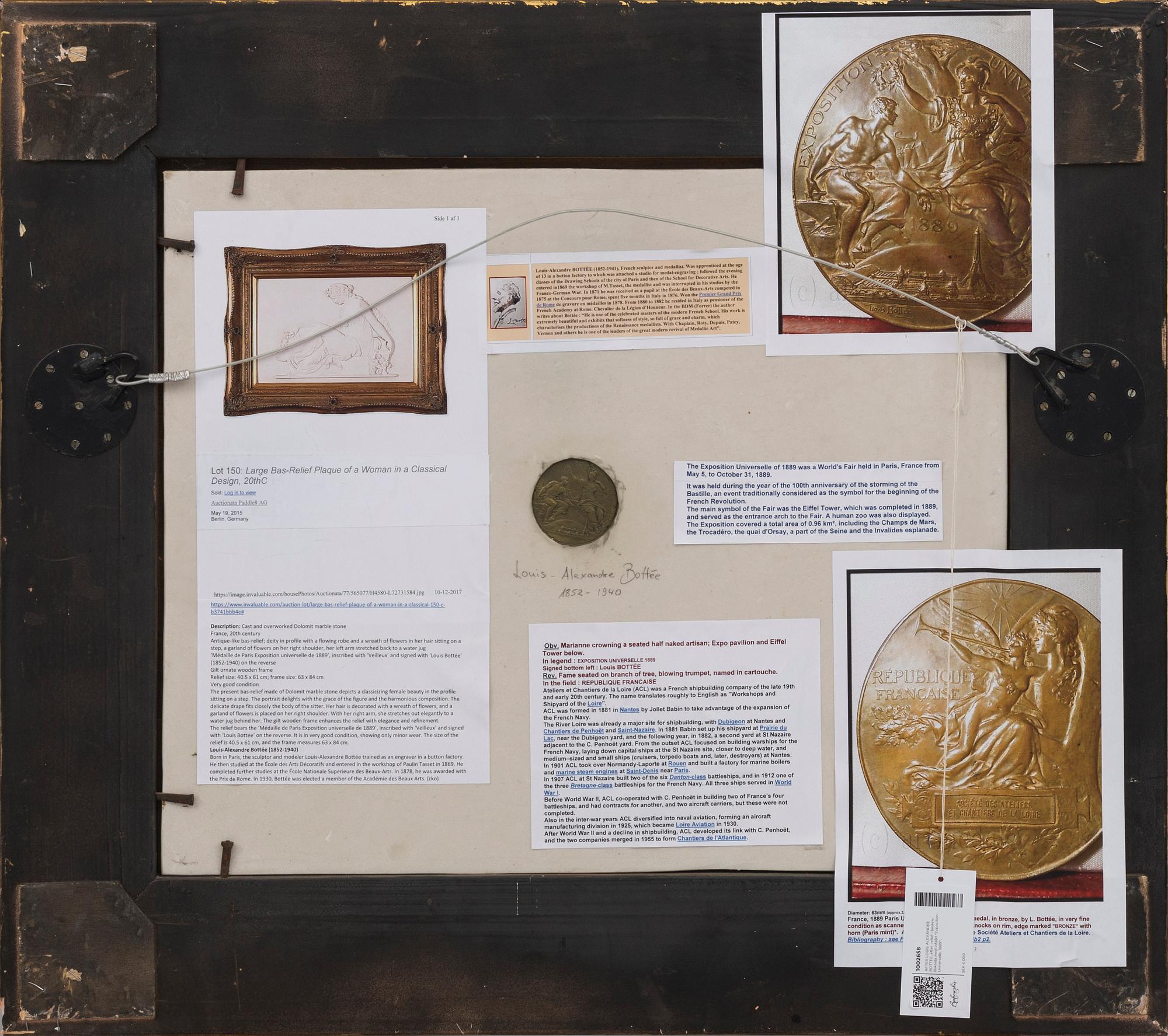 LOUIS ALEXANDRE BOTTEE, after, BISQUIT RELIEF. insert bronze medallion of "Exposition Universelle, 1889".