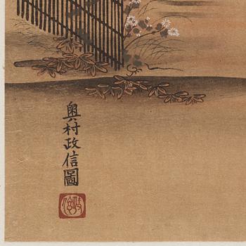 OKUMURA MASANOBU (1686-1764), after, two color woodblock prints. Japan, ca 1900.