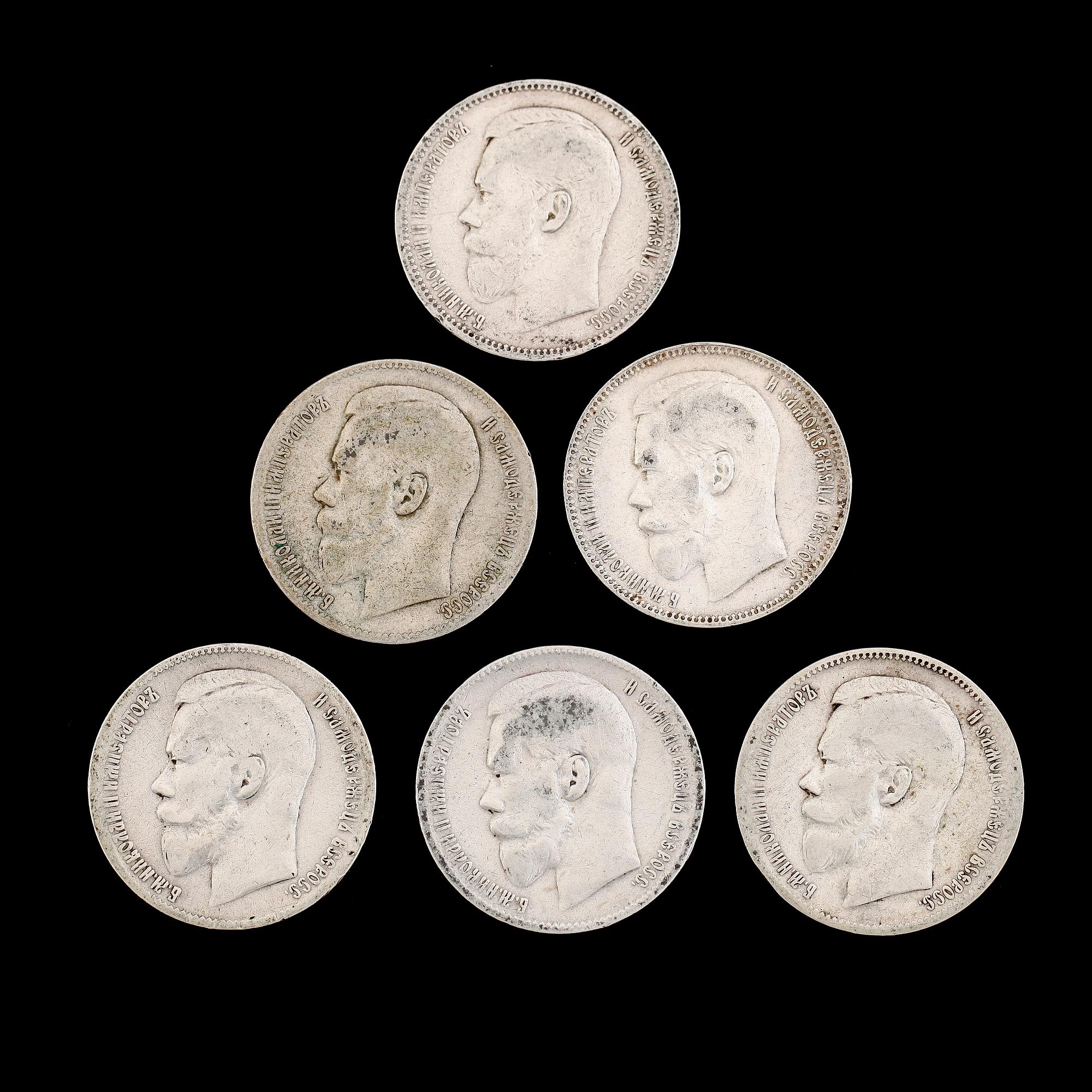 SILVERMYNT, 6 st, rubel, Ryssland, 1896-1898. Vikt ca 120 gram.
