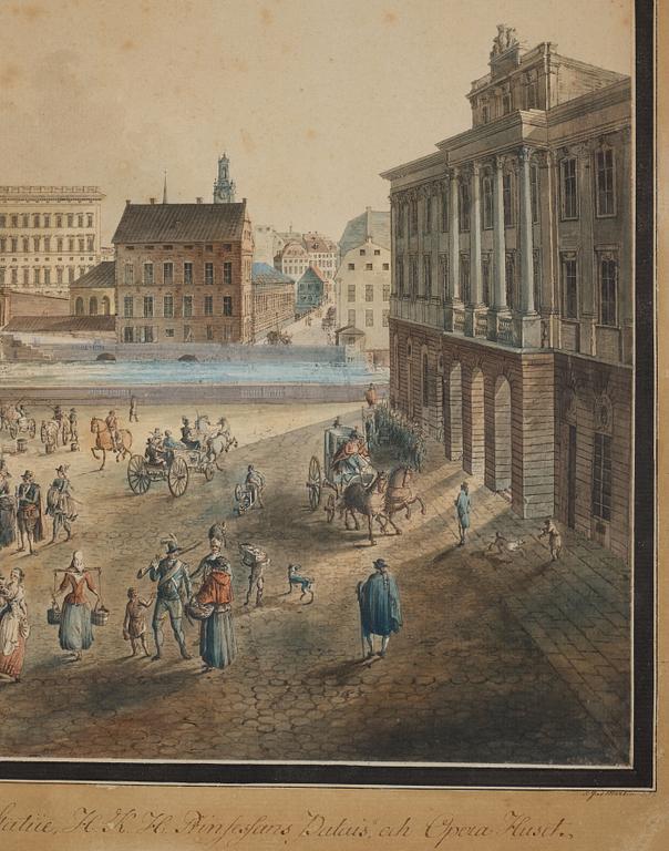 Johan Fredrik Martin, "Norrmalms Torg i Stockholm med Utsigt af K Slottet, K. Gustaf Adolphs Statüe, H.K.H. Prinsessans Palais o Opera Huset".