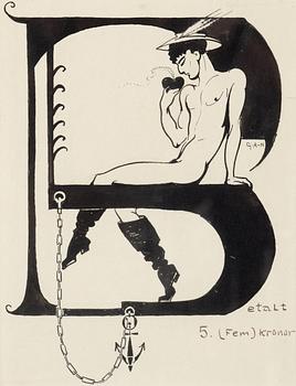 25. Gösta Adrian-Nilsson, "Betalt 5 (Fem) kronor", motiv med yngling och brinnande hjärta.