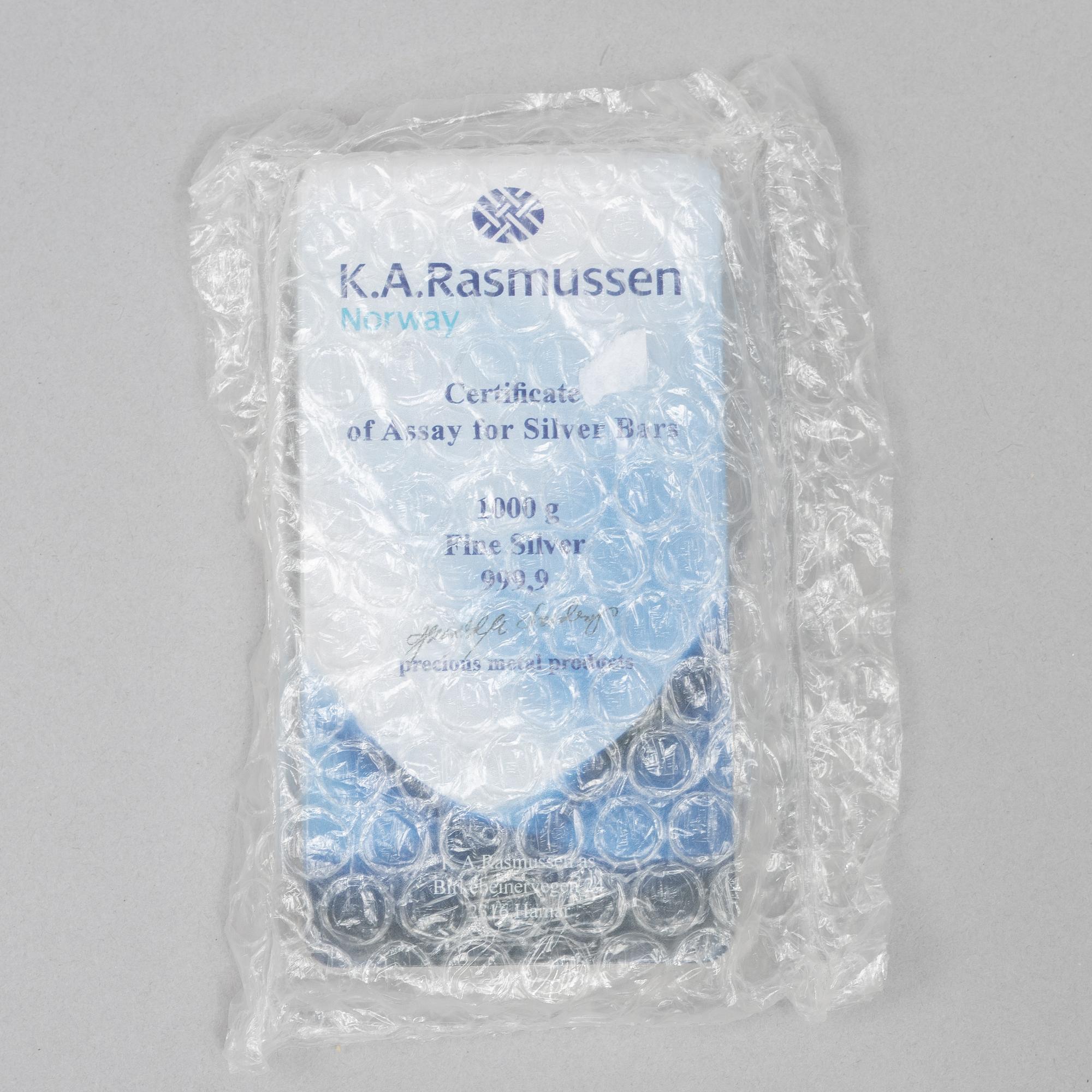 A silver bar, 1000 grams of fine silver, K.A. Rasmussen, Norway.