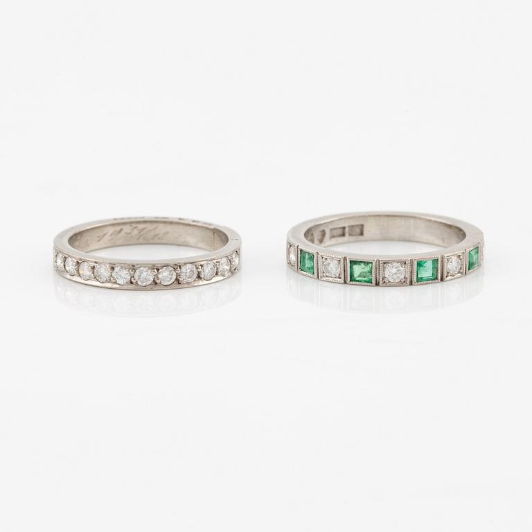 Rings, 2 pcs, alliance rings, 18K white gold with diamonds, one of them with diamonds and emeralds.