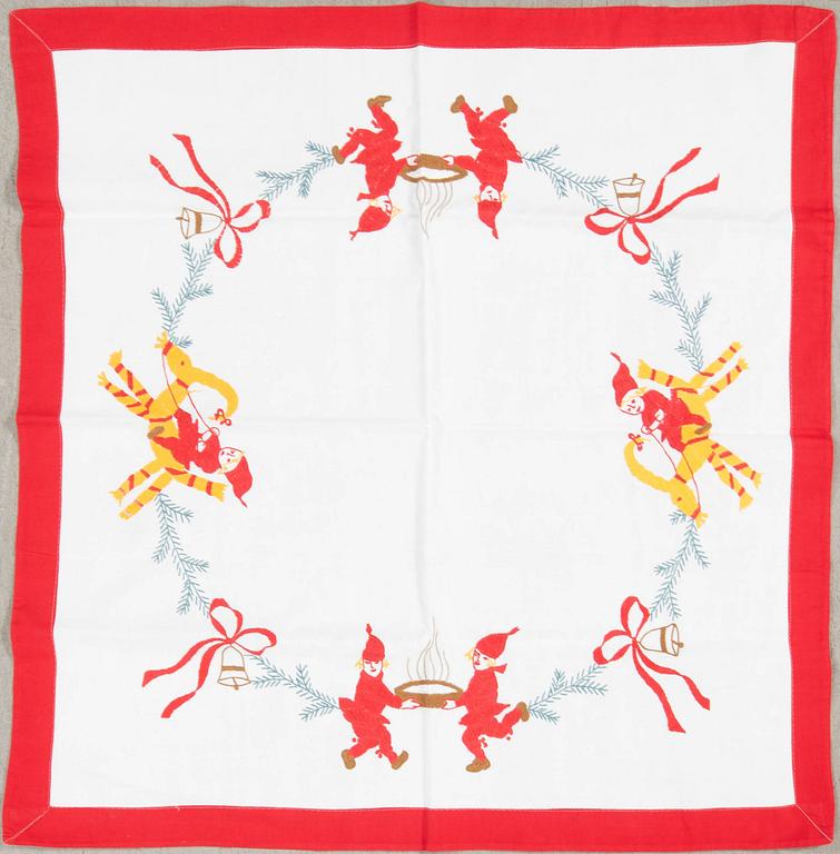 A collection of Christmas tablecloths, Christmas tree skirts, an apron, and runners, 21 pcs, 20th century.