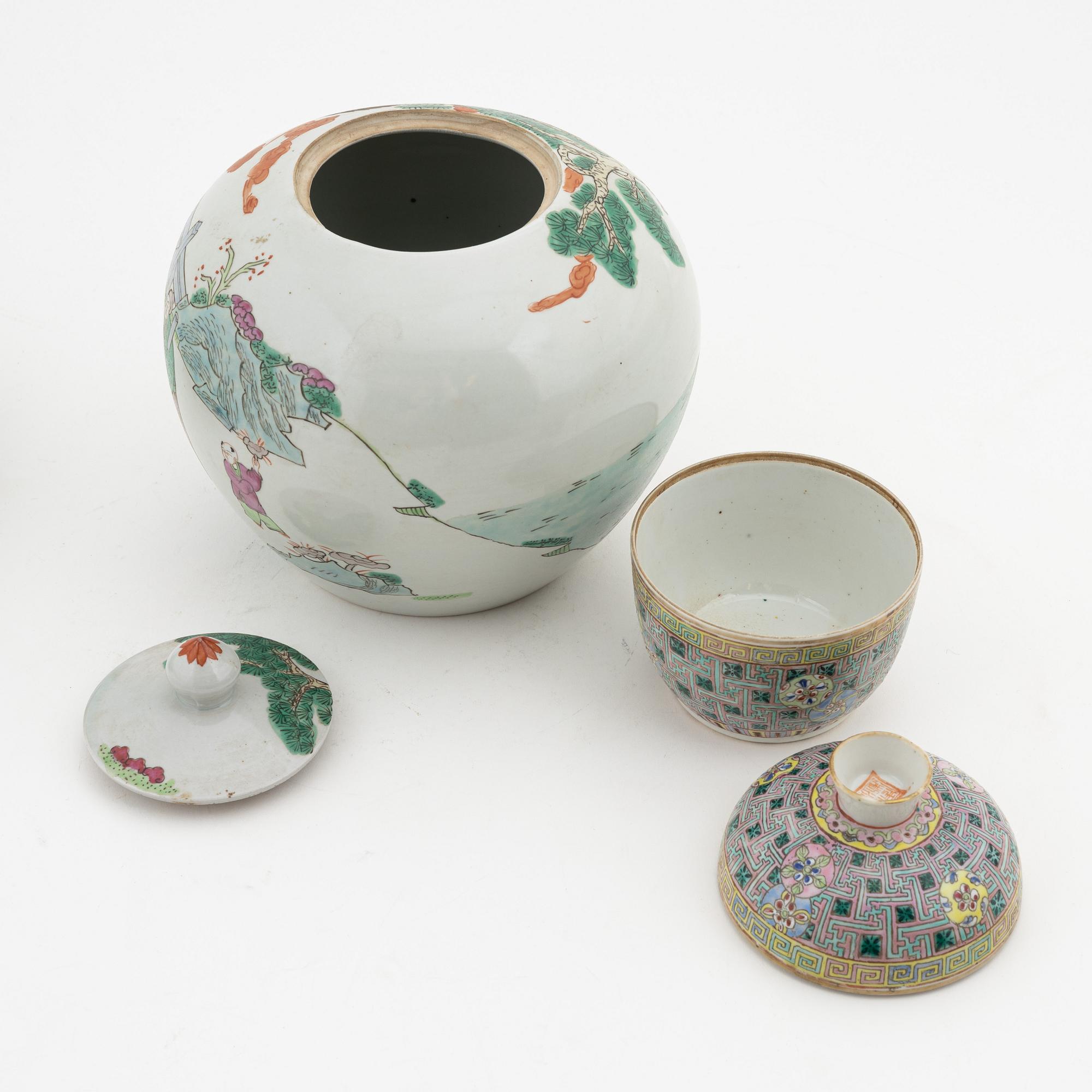 A famille rose jar with cover, box with cover and a dish and a bowl, China, circa 1900.