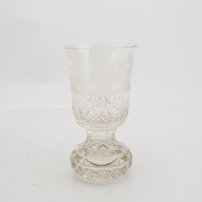 A decanter with silver fitting and a free mason late 19th century glass.
