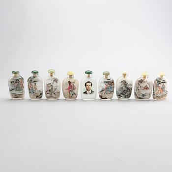 A set of nine Chinese glass snuffbottles, later part of the 20th century.