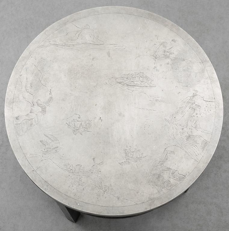 A Björn Trägårdh table with an engraved  pewter top by Roland Kempe 1931,