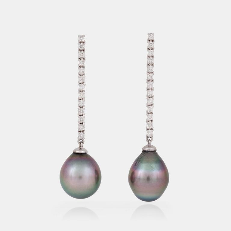 A pair of cultured Tahiti pearl and brilliant-cut diamond, 0.62 cts, earrings.