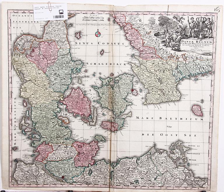KARTA, kolorerad. "Daniae Regnum", M. Seutter, 1700-tal.