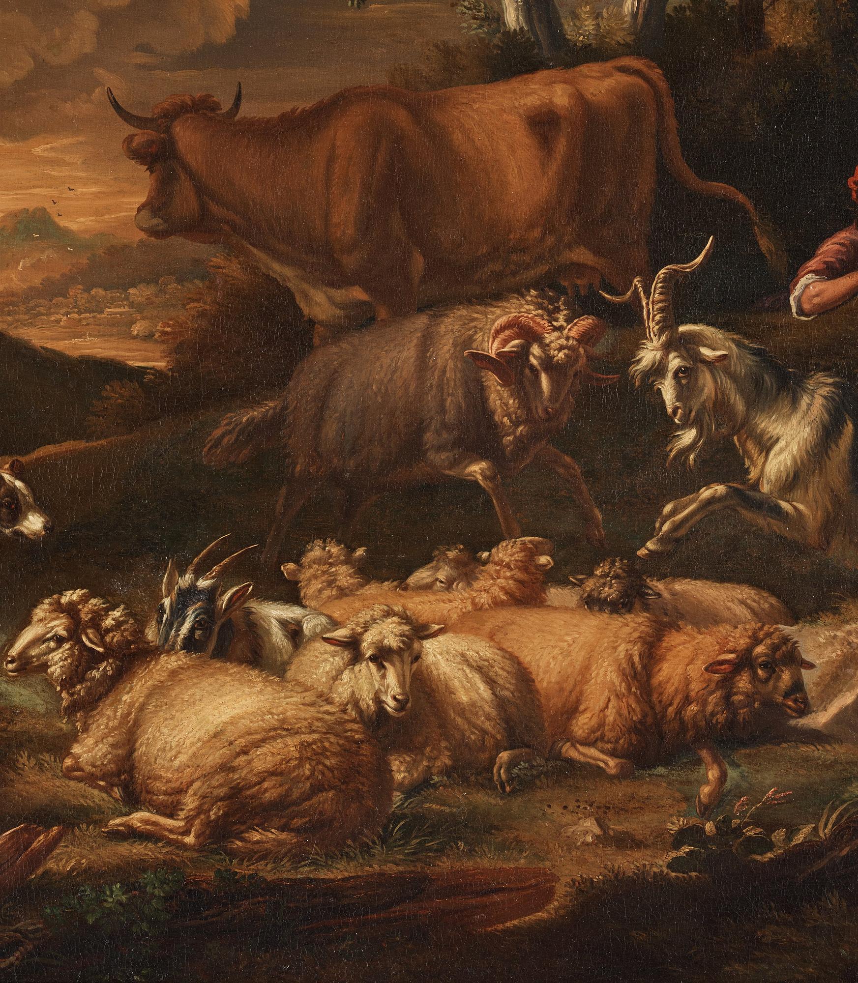 Pieter Mulier II, kallad Cavaliere Tempesta Tillskriven, Pastoralt landskap med herde, herdinna och boskap.