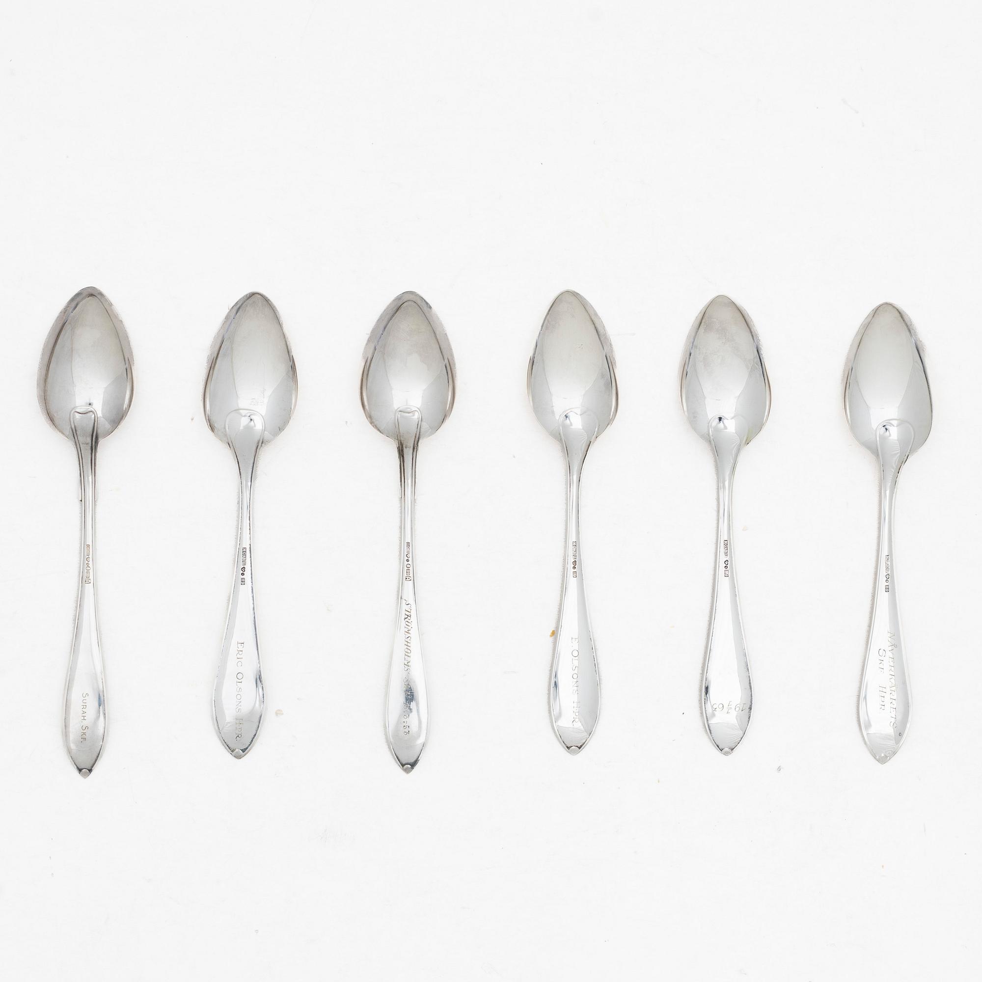 Six spoons, 'Skytte' model, MGAB and C.G. Hallberg Uppsala and Stockholm 1958.