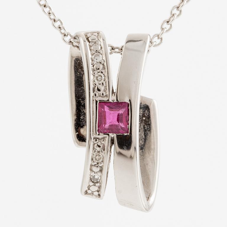 Pendant, 18K white gold with ruby and small diamonds, with chain 18K white gold.