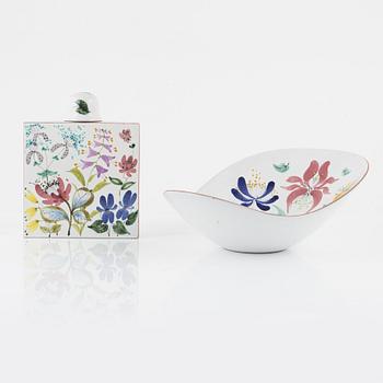 Stig Lindberg, faience, bowl and tea caddy with lid. Hand-painted floral decoration.