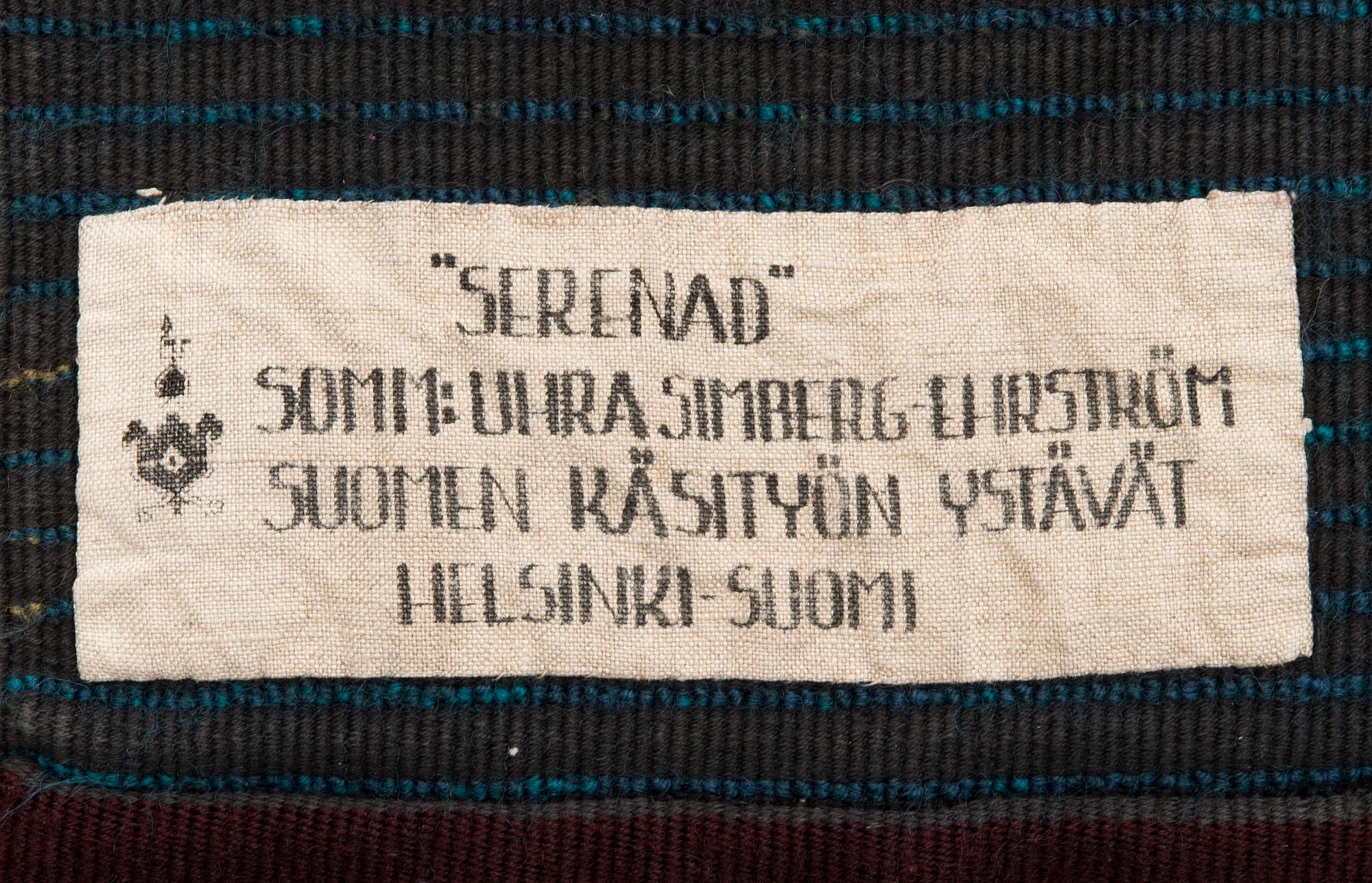 Uhra-Beata Simberg-Ehrström,  ryijy/ryijymatto, Suomen käsityön ystävät. Noin 180x125 cm.