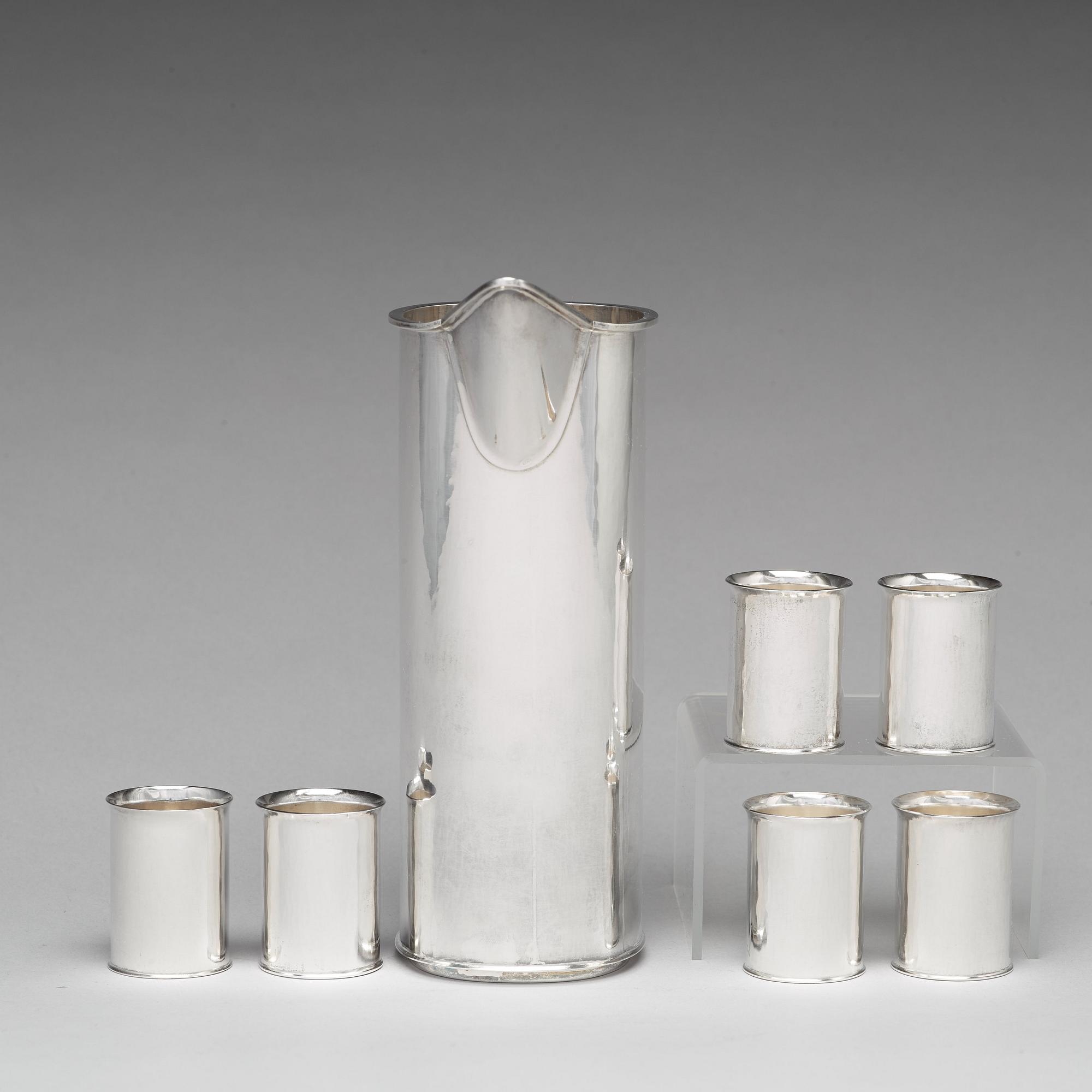 Sigurd Persson, a sterling silver pitcher (1988) and six beakers, Stockholm, 1977 (one), the rest 1992.