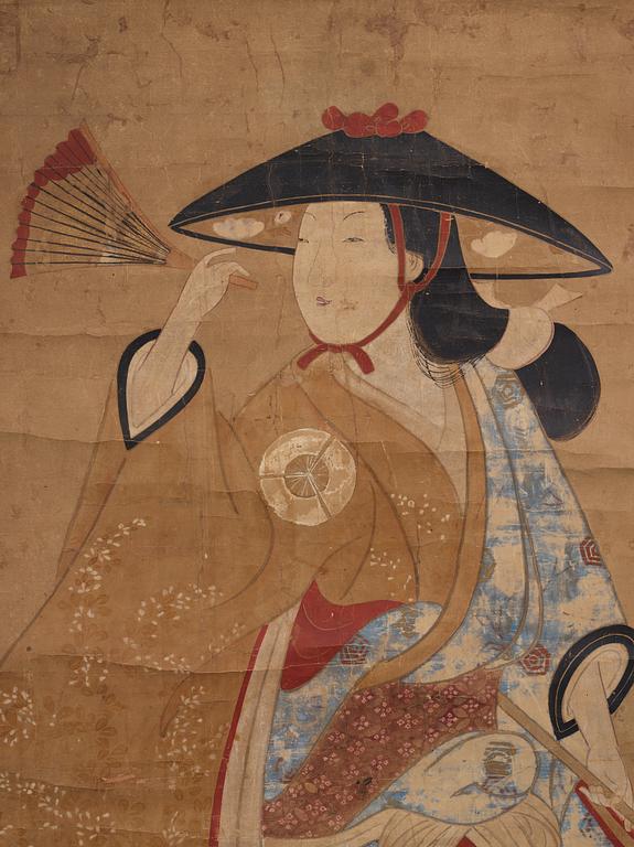 RULLMÅLNING, tusch och färg på papper. Okänd konstnär, Japan, troligen tidigt 1700-tal.