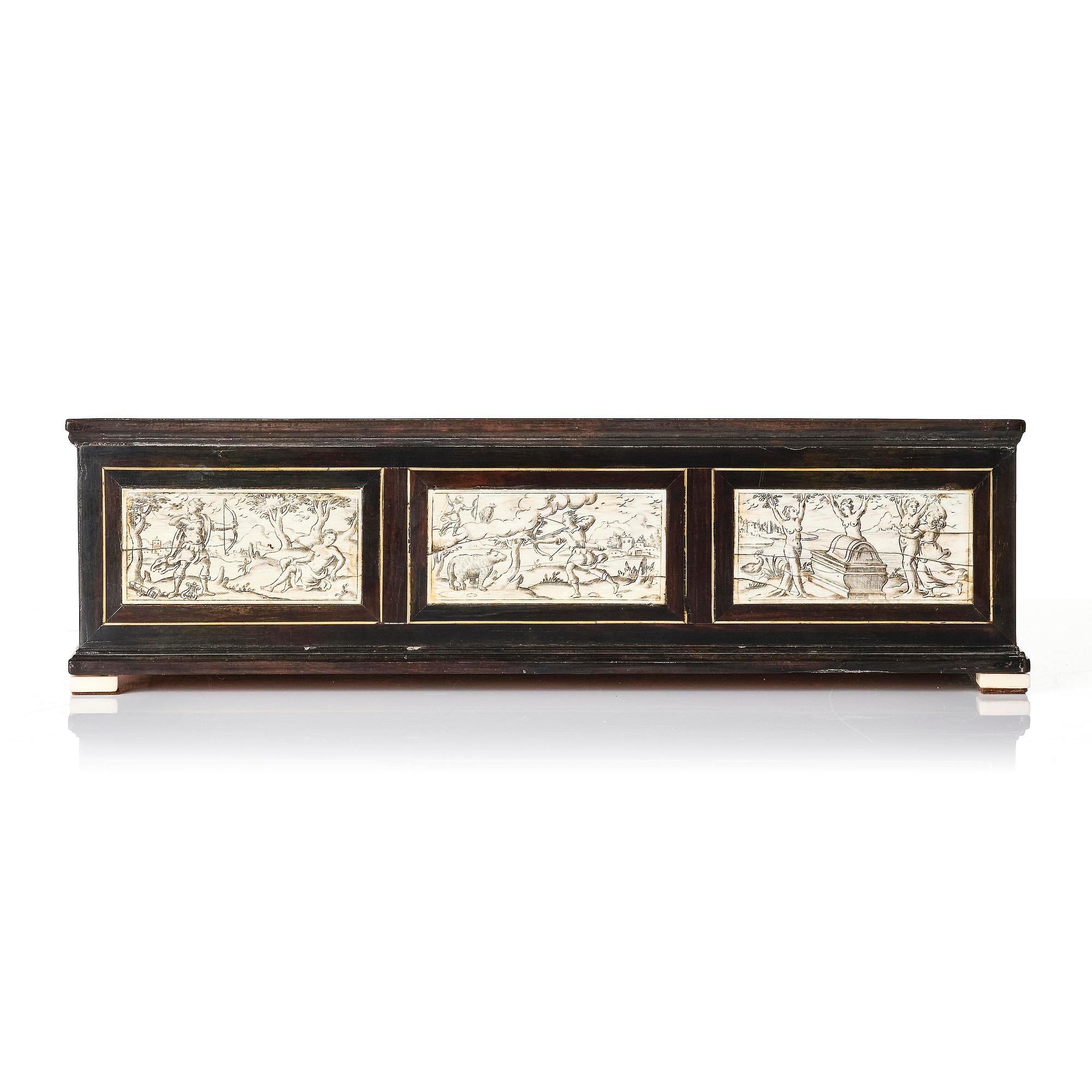 A Neopolitan ebony, rosewood and engraved ivory writing box from the circle of Iacopo Fiamengo, first part 17th century.